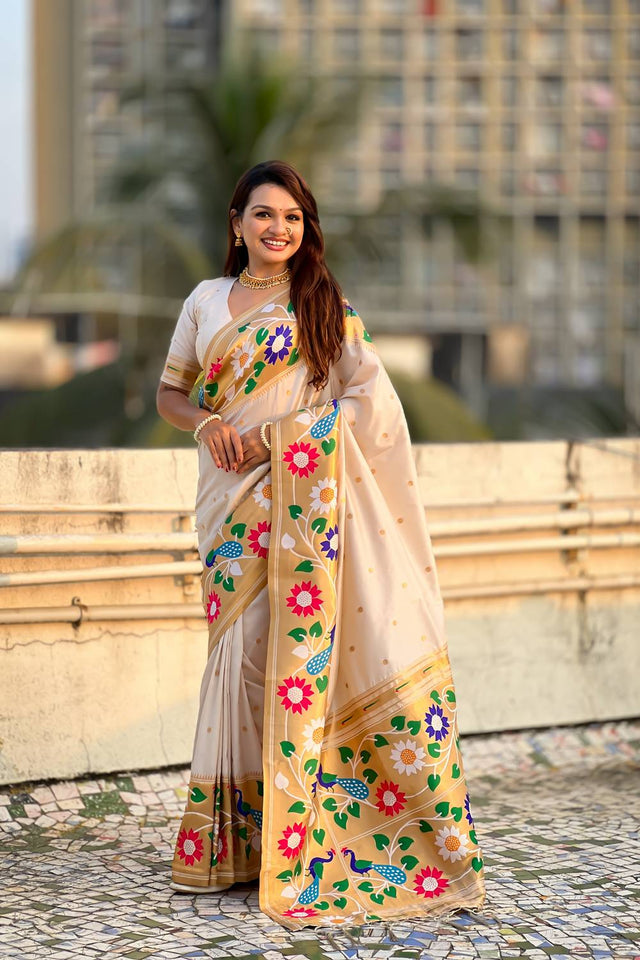 Cream Woven Paithani Silk Saree