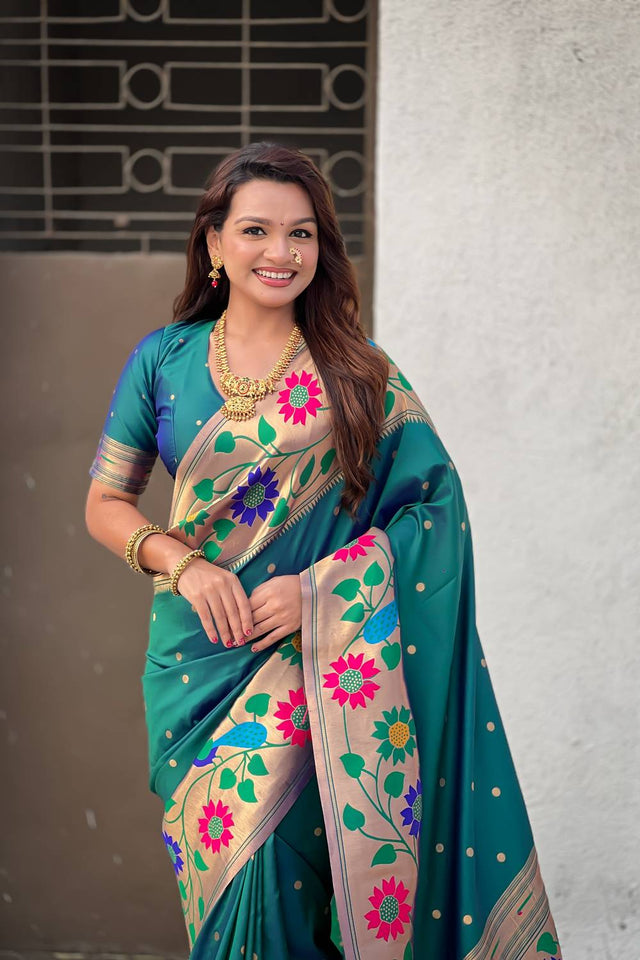Turquoise Woven Paithani Silk Saree