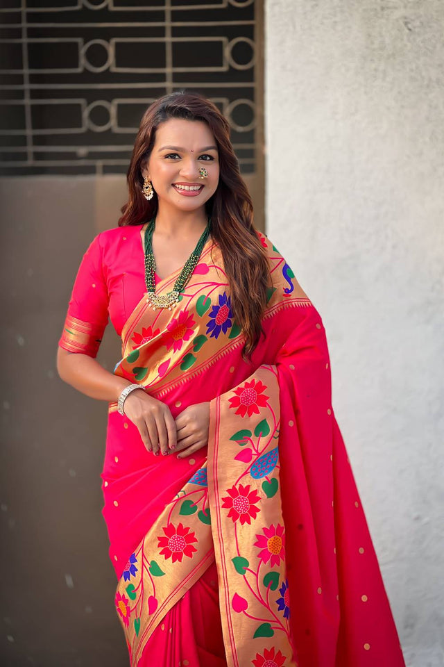 Pink Woven Paithani Silk Saree