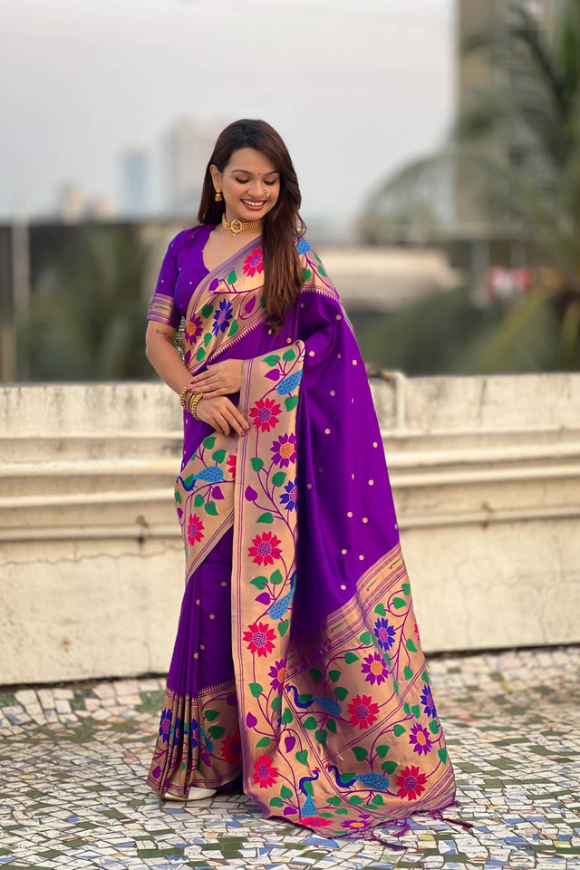 Lavender Woven Paithani Silk Saree
