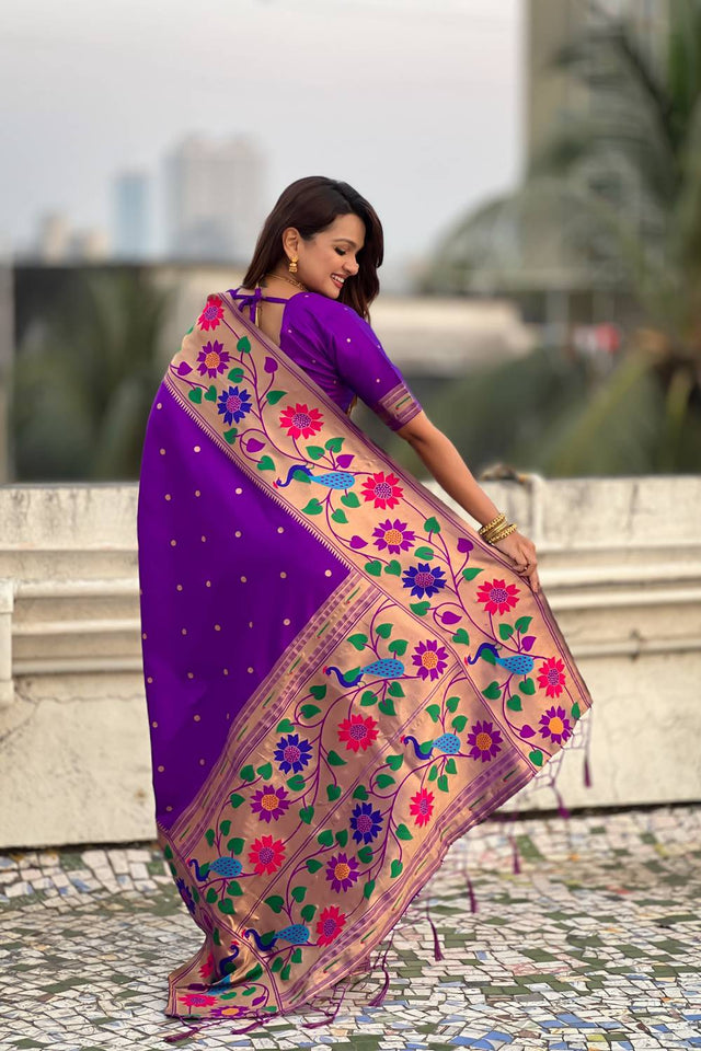 Lavender Woven Paithani Silk Saree
