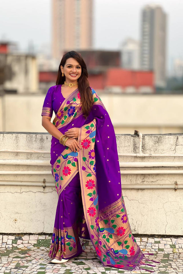 Lavender Woven Paithani Silk Saree