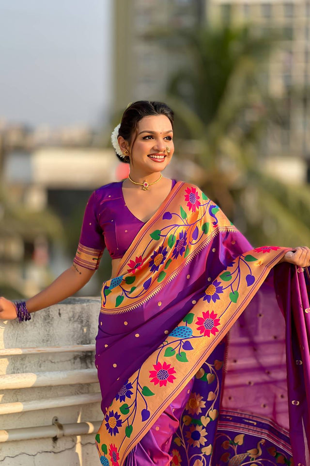 Violet Woven Paithani Silk Saree