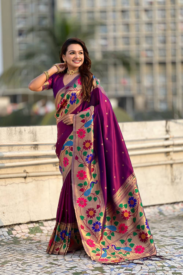 Wine Woven Paithani Silk Saree