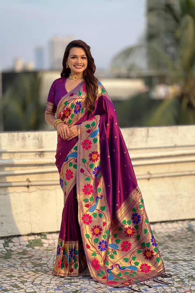 Wine Woven Paithani Silk Saree