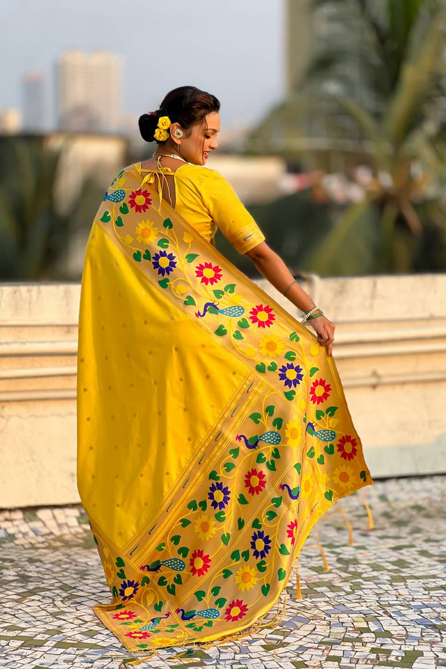 Yellow Woven Paithani Silk Saree