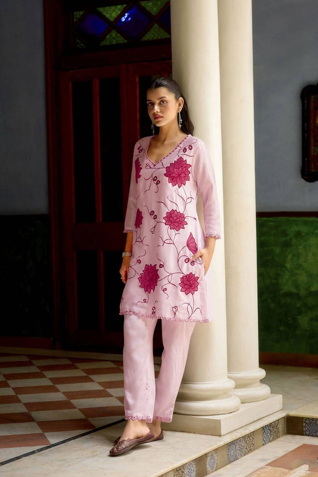 Pink Floral Embroidered Chinon Co-Ord Set