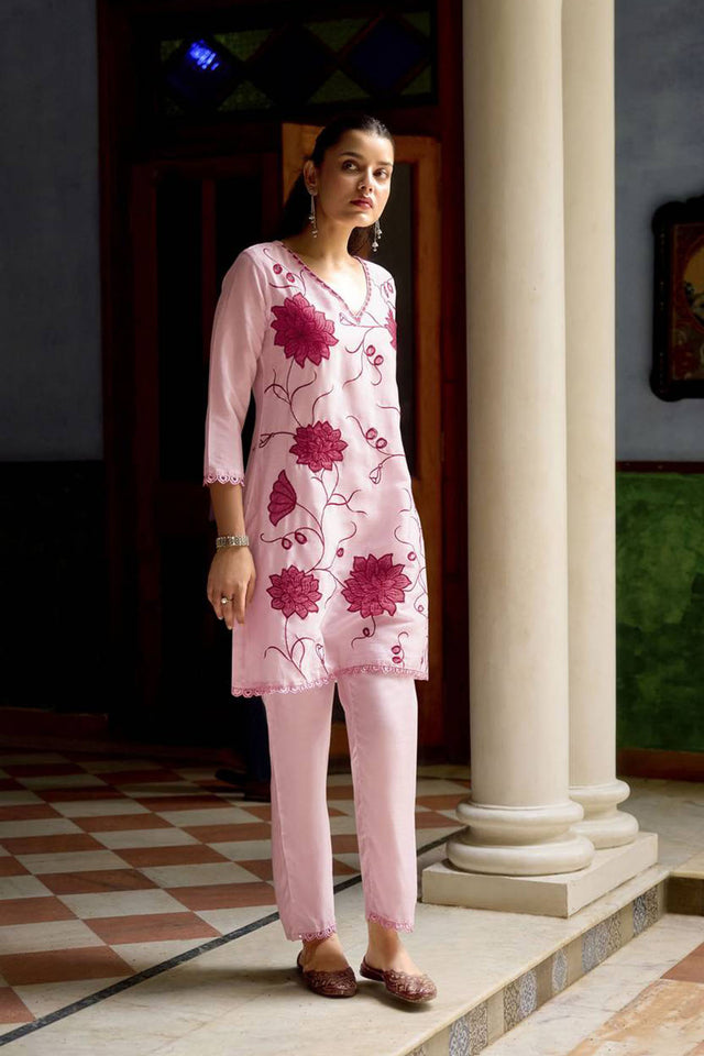 Pink Floral Embroidered Chinon Co-Ord Set
