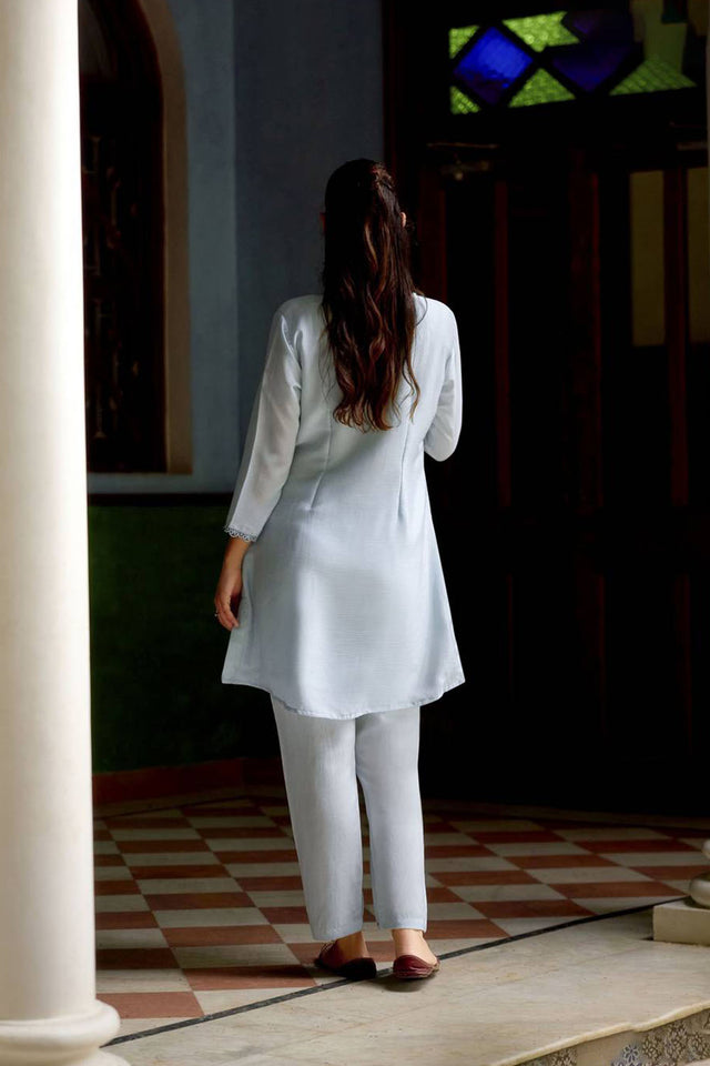 Blue Floral Embroidered Chinon Co-Ord Set