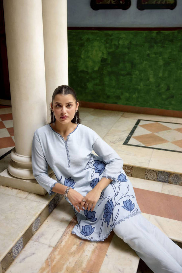 Blue Floral Embroidered Chinon Co-Ord Set