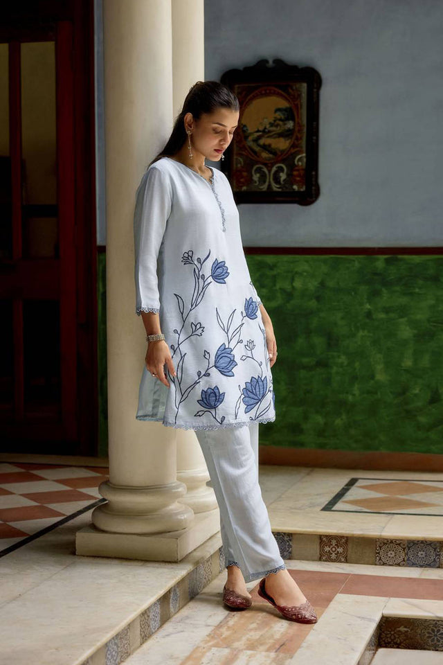 Blue Floral Embroidered Chinon Co-Ord Set