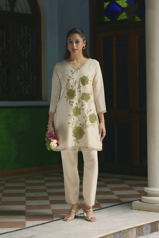 Green Floral Embroidered Chinon Co-Ord Set