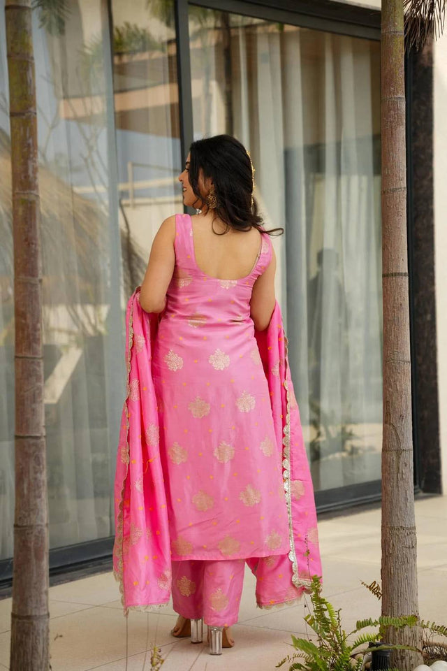 Pink Woven Chanderi Straight Cut Suits