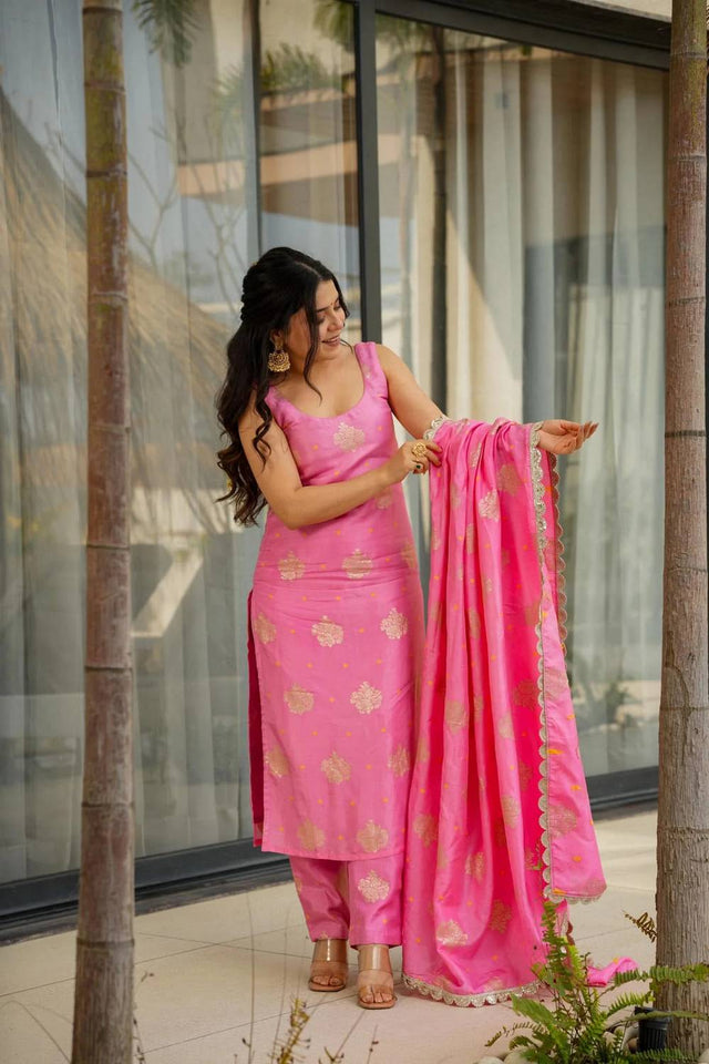 Pink Woven Chanderi Straight Cut Suits