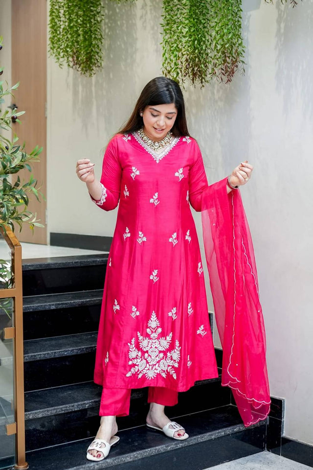 Pink Embroidered Muslin Anarkali Suits