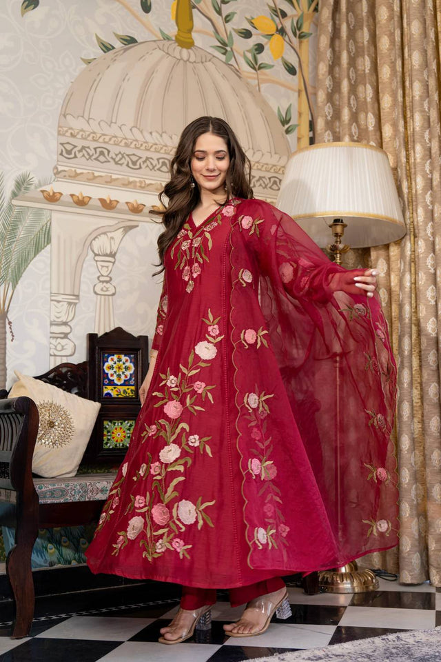 Maroon Floral Embroidered Muslin Anarkali Suits (ACA4851)