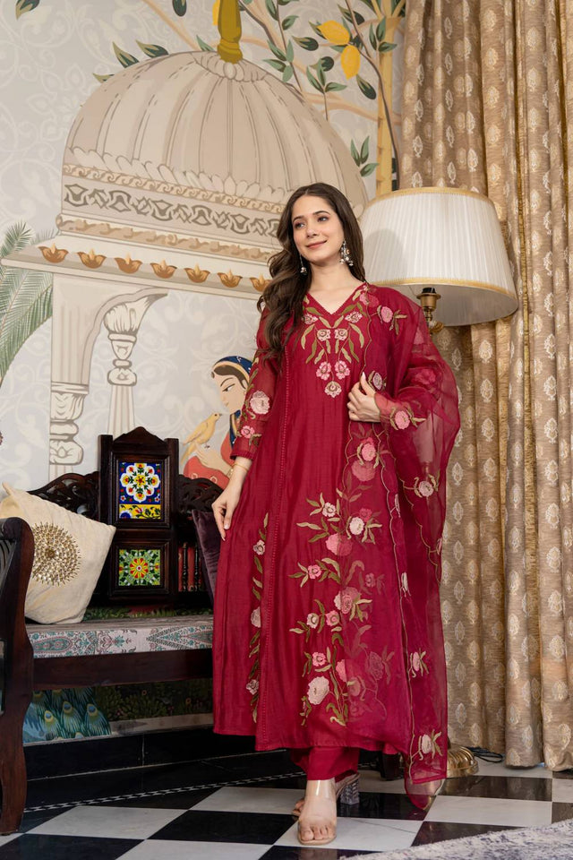 Maroon Floral Embroidered Muslin Anarkali Suits (ACA4851)