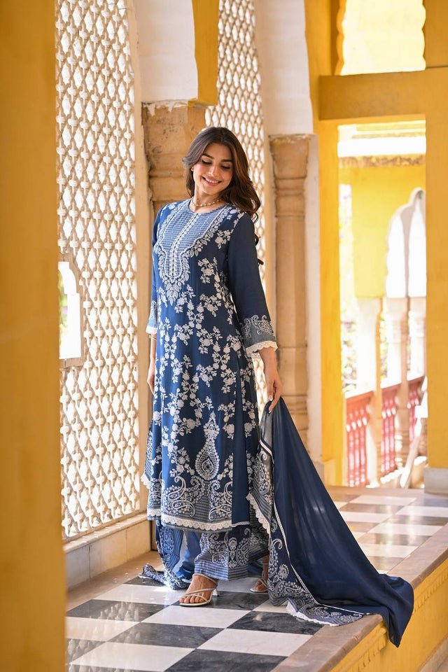 Teal Floral Printed Muslin Straight Cut Suits