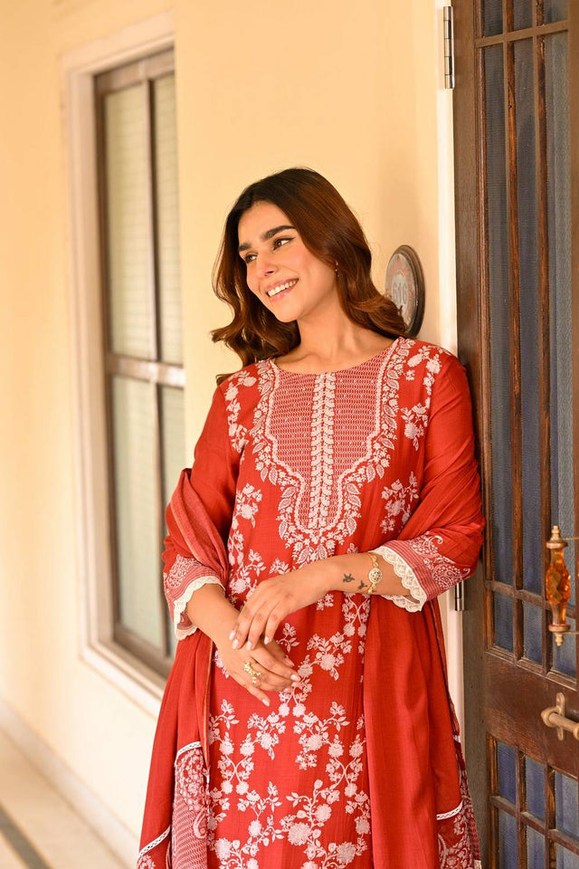 Rust Floral Printed Muslin Straight Cut Suits