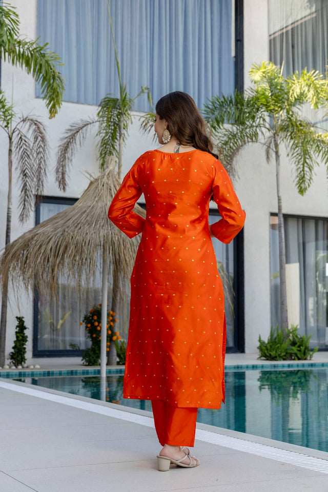 Orange Embroidered Jacquard Straight Cut Suits