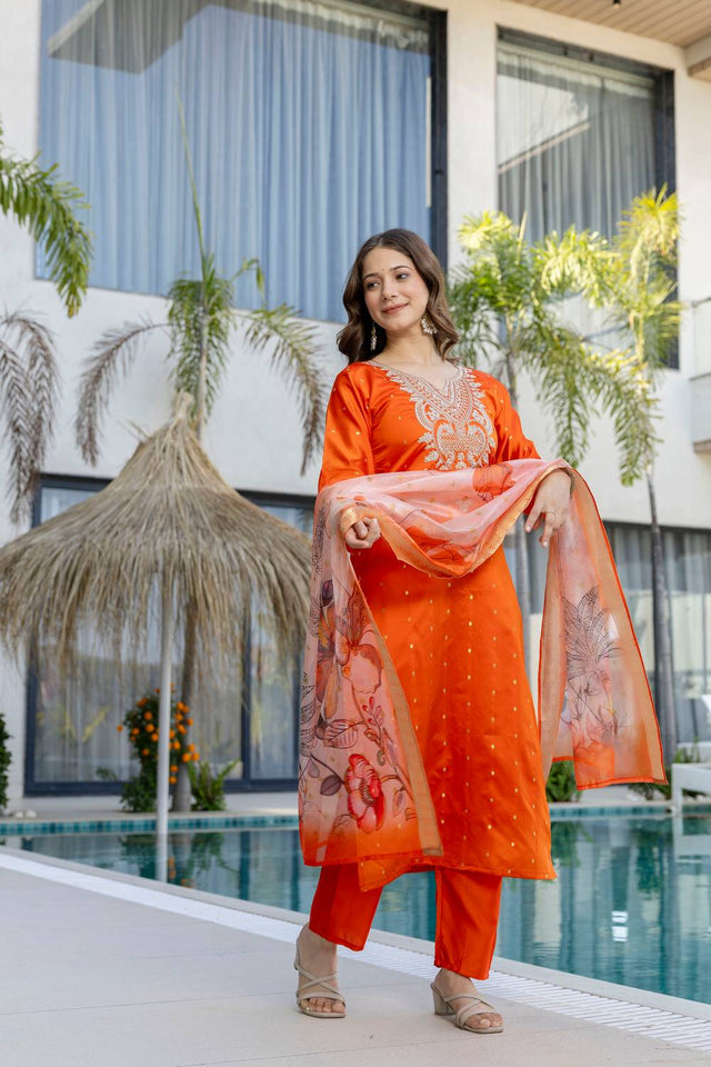 Orange Embroidered Jacquard Straight Cut Suits