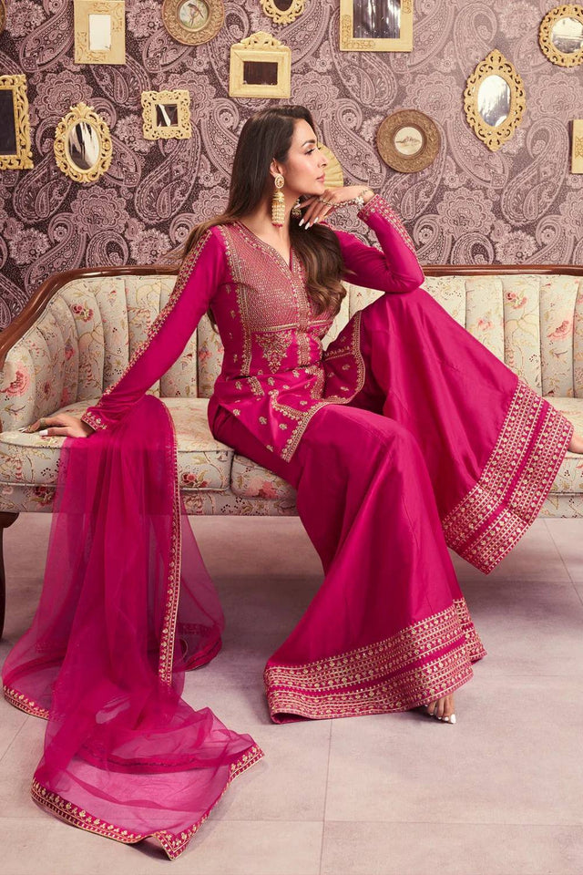 Pink Sequin with Embroidered Chanderi Sharara Suits
