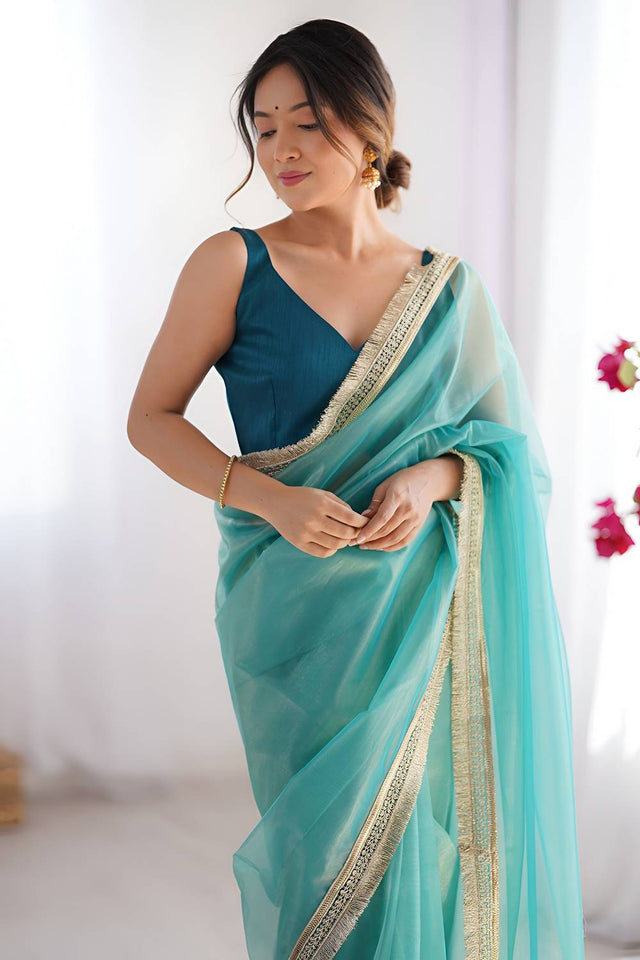 Sea Green Solid with Lace Border Net Saree