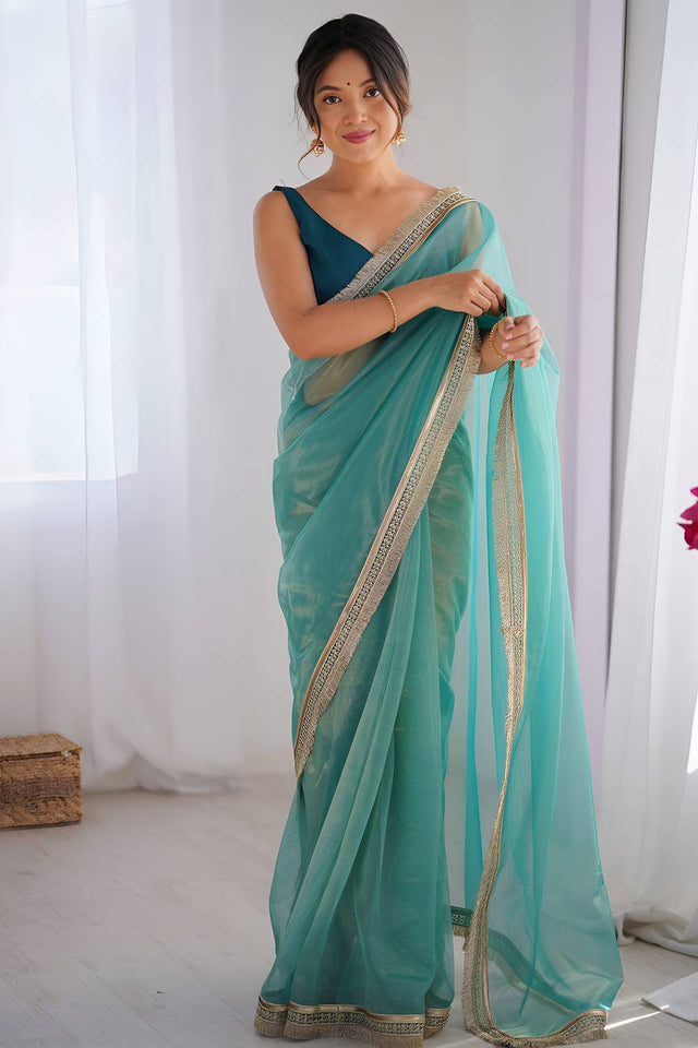 Sea Green Solid with Lace Border Net Saree