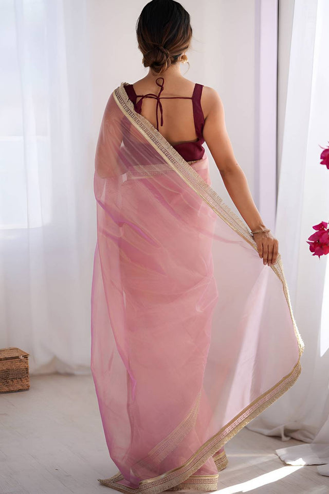 Pink Solid with Lace Border Net Saree