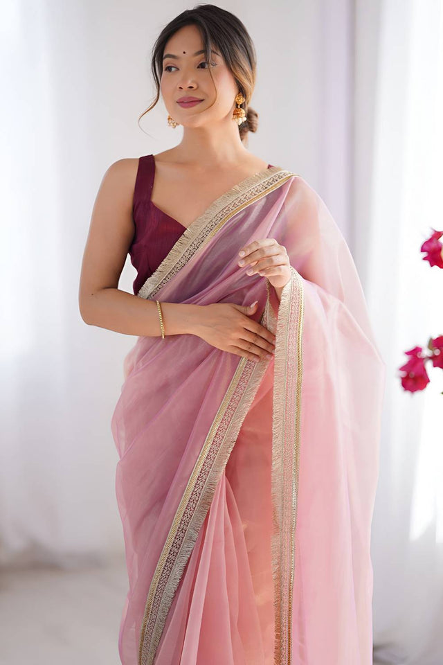 Pink Solid with Lace Border Net Saree