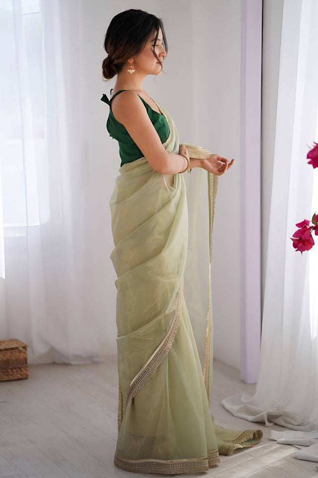 Light Green Solid with Lace Border Net Saree