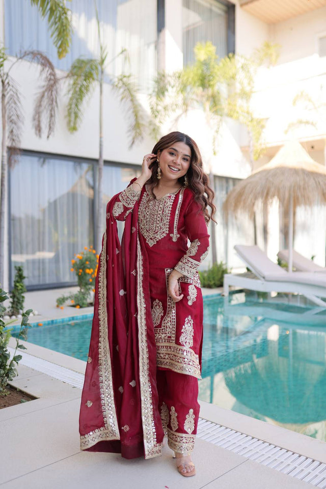 Maroon Sequin with Embroidered Silk Straight Cut Suits