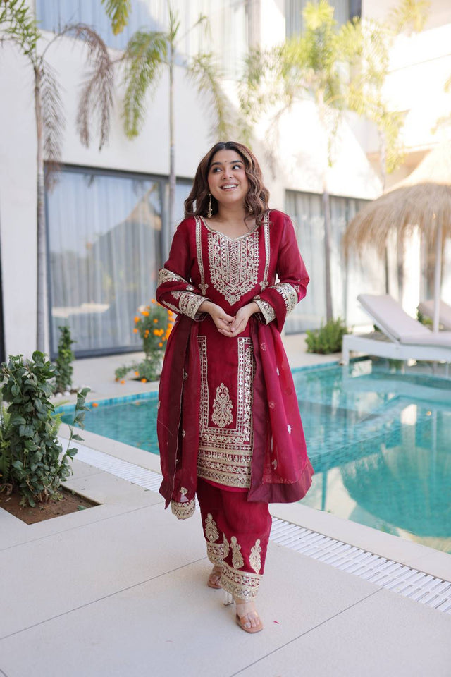 Maroon Sequin with Embroidered Silk Straight Cut Suits