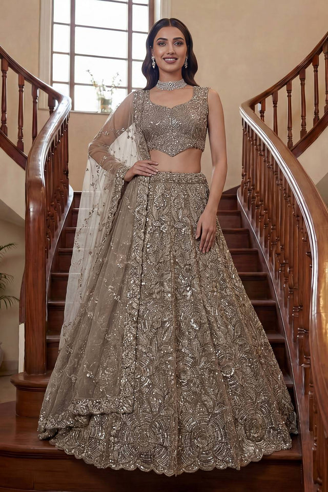 Beige Sequin with Embroidered Net Lehenga