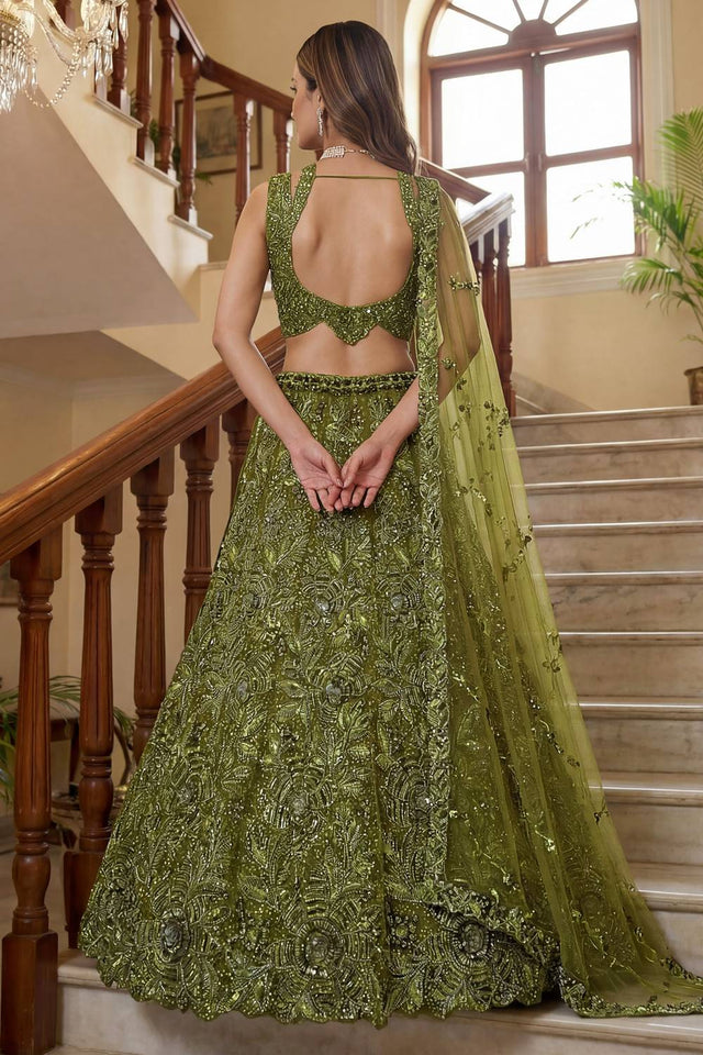 Mehendi Sequin with Embroidered Net Lehenga