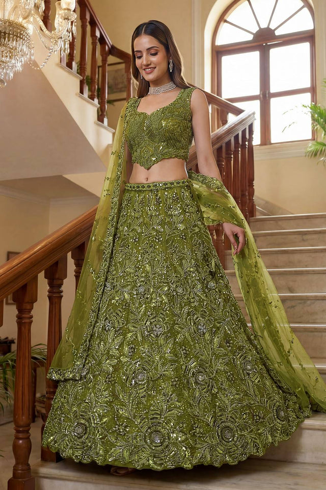 Mehendi Sequin with Embroidered Net Lehenga