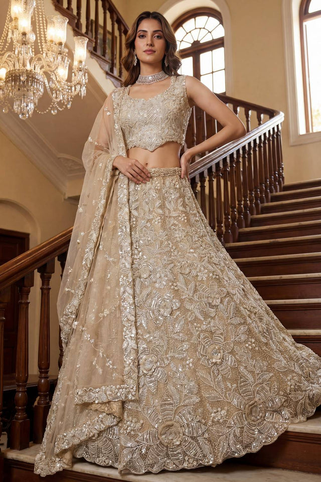 Cream Sequin with Embroidered Net Lehenga