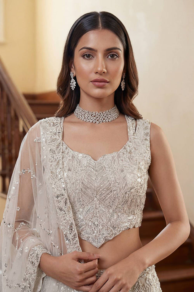White Sequin with Embroidered Net Lehenga