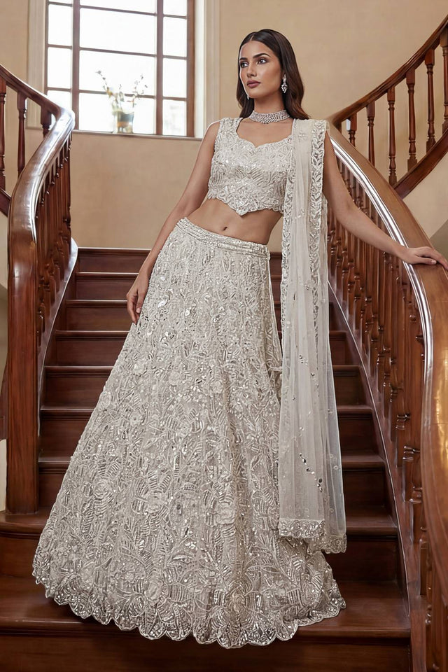 White Sequin with Embroidered Net Lehenga