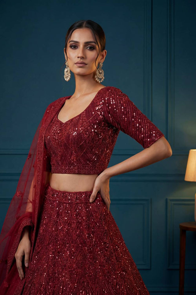 Red Sequin with Embroidered Net Lehenga