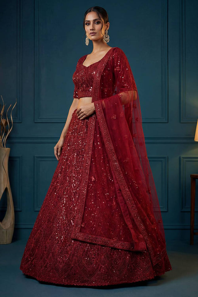 Red Sequin with Embroidered Net Lehenga