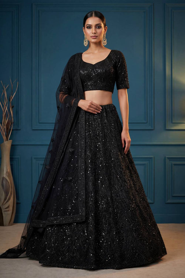 Black Sequin with Embroidered Net Lehenga