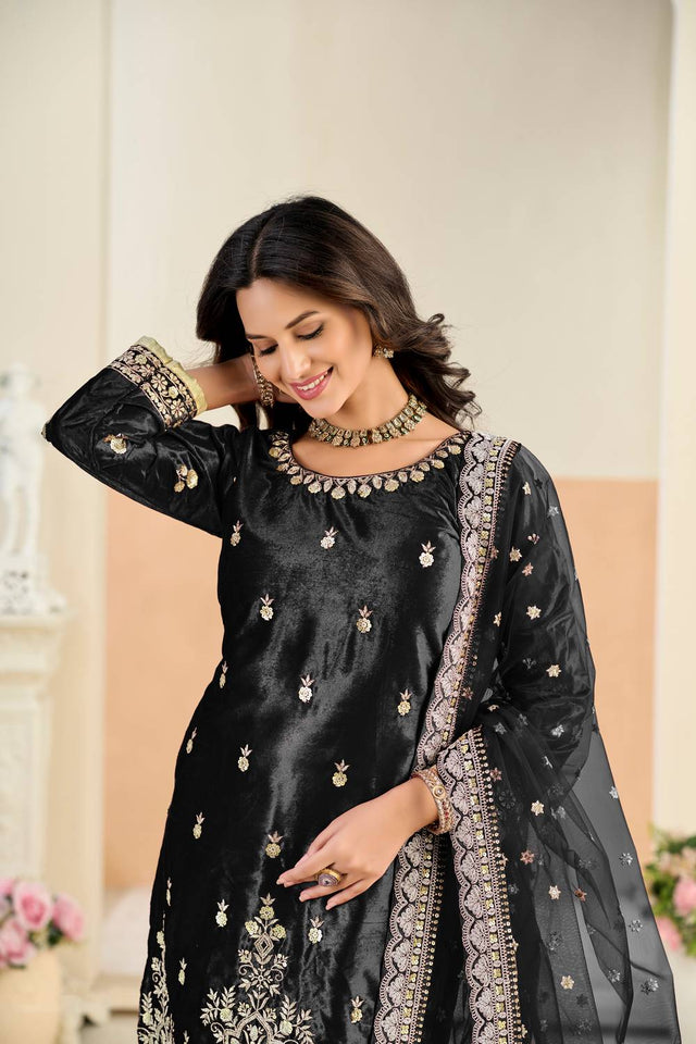 Black Floral Embroidered Velvet Punjabi Suit Set
