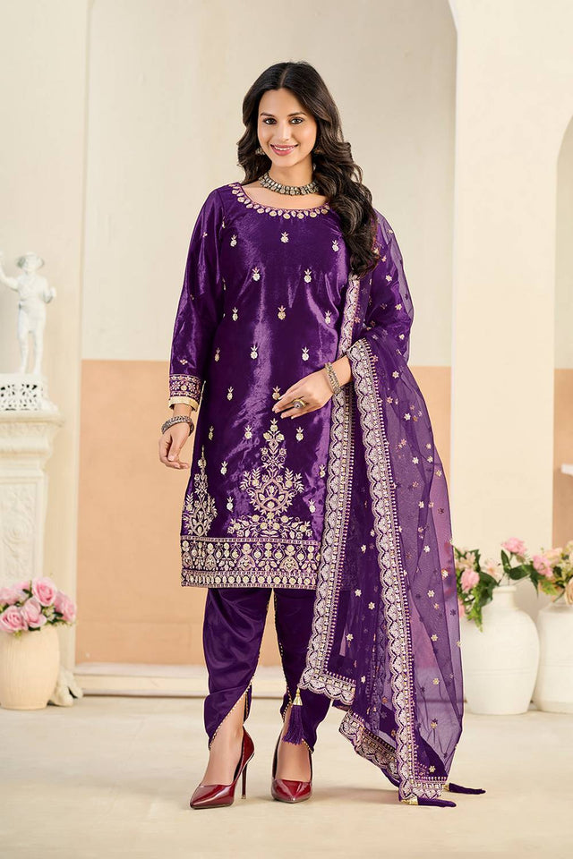 Purple Floral Embroidered Velvet Punjabi Suit Set