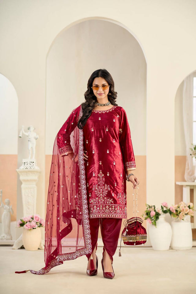 Red Floral Embroidered Velvet Punjabi Suit Set