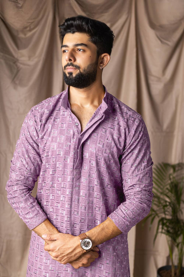 Men's Lavender Embroidered Rayon Kurta Set