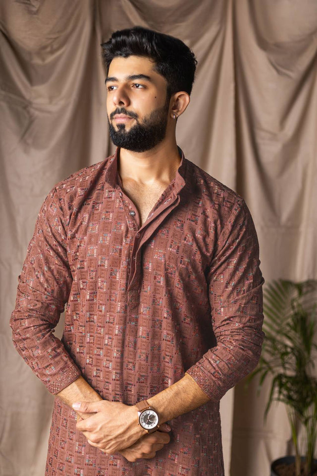 Men's Brown Embroidered Rayon Kurta Set