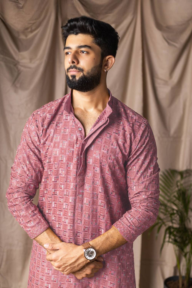 Men's Red Embroidered Rayon Kurta Set
