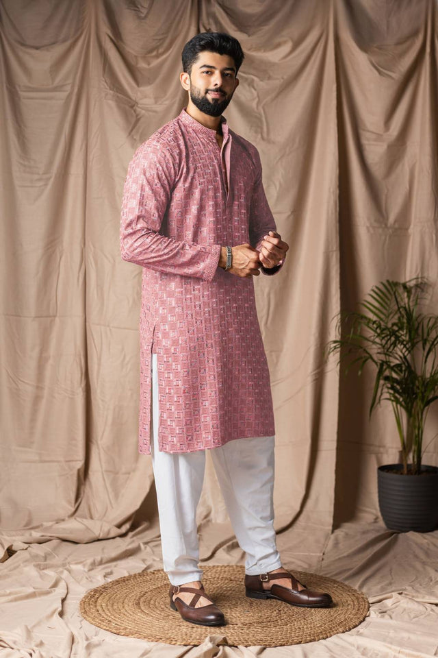 Men's Red Embroidered Rayon Kurta Set