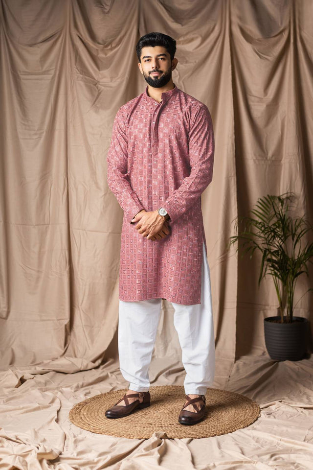 Men's Red Embroidered Rayon Kurta Set